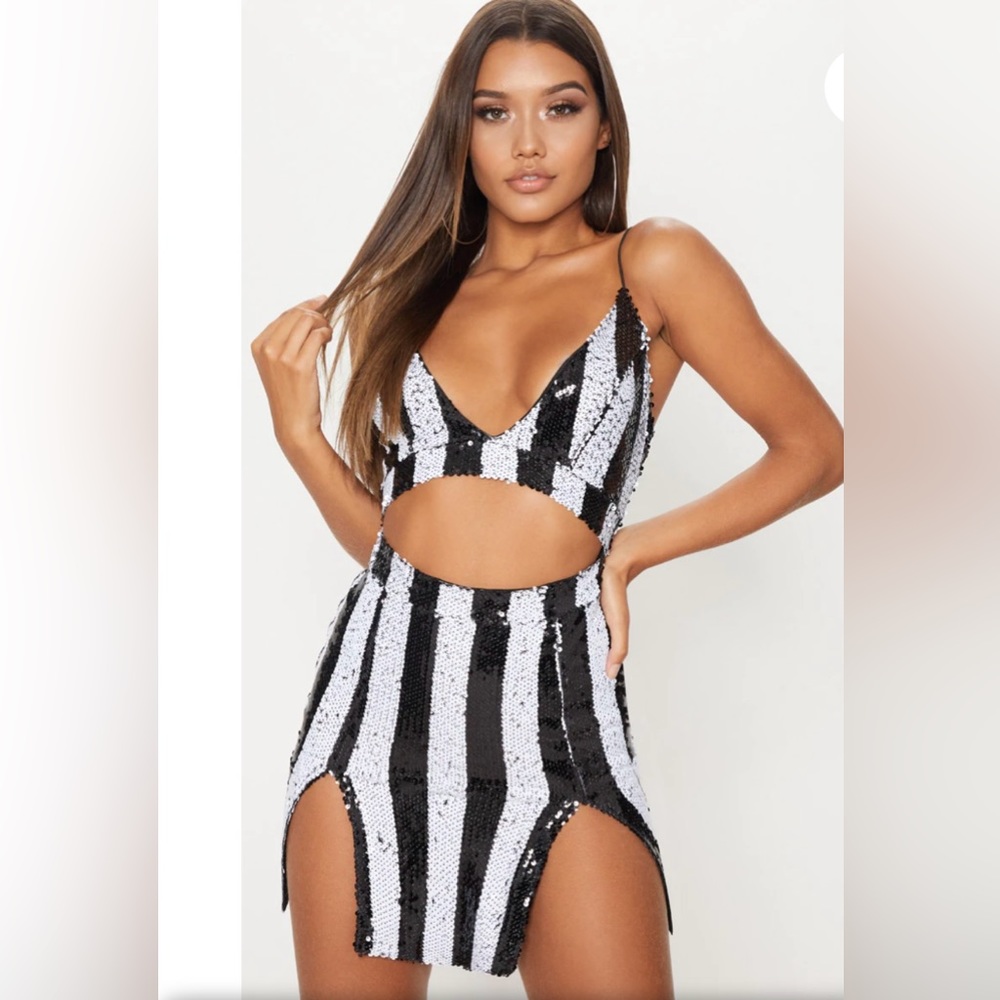 PrettyLittleThing Black and White Stripe Sequin Strappy Plunge Split Dress